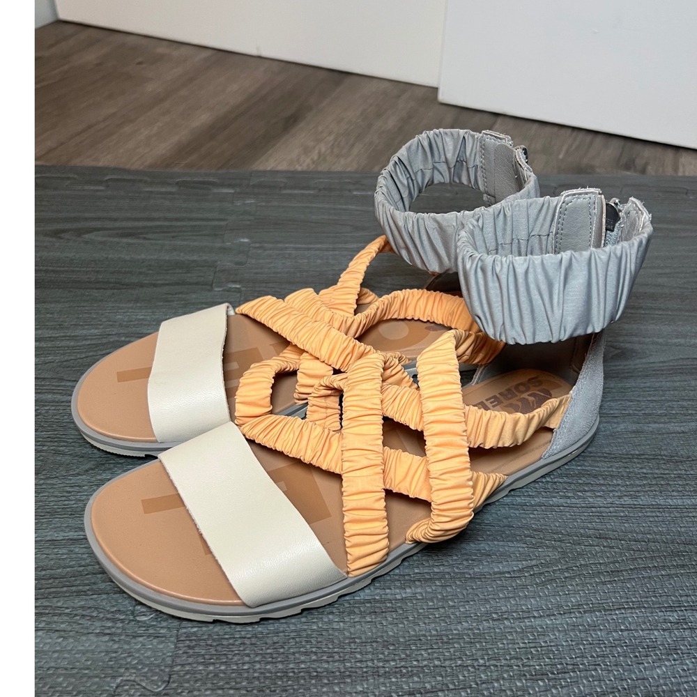 Sorel Ella II Sandals Womens Size 9, Apricot Cream & Grey Leather